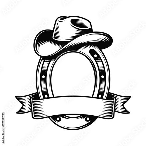 Cowboy Hat Horseshoe and Ribbon Banner Black and White Illustration