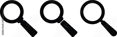 Black silhouette magnifying glass icon set in simple flat style for UI, search interface, and minimalist web design