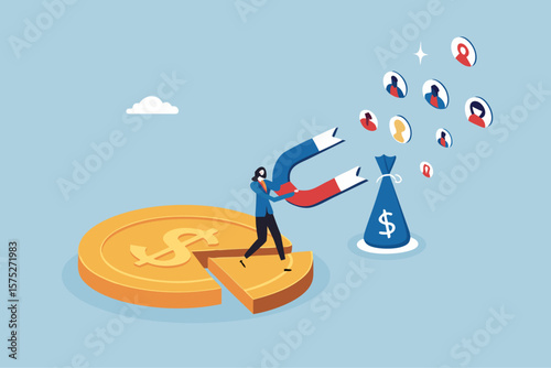 Customer acquisition cost, CAC, advertising cost for lead generation, marketing expense or spending on customer retention, optimize conversion rate concept, businessman with magnet on dollar cost.