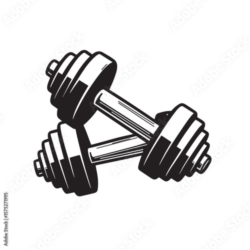 Monochrome vector illustration of two detailed dumbbells representing fitness and strength training