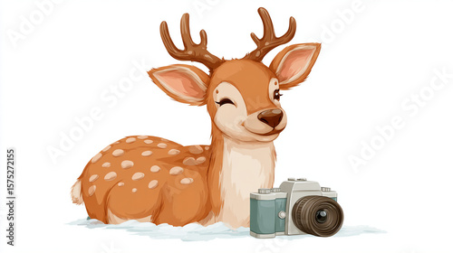 Cartoon deer with spots sitting next to a camera on a white background illustration