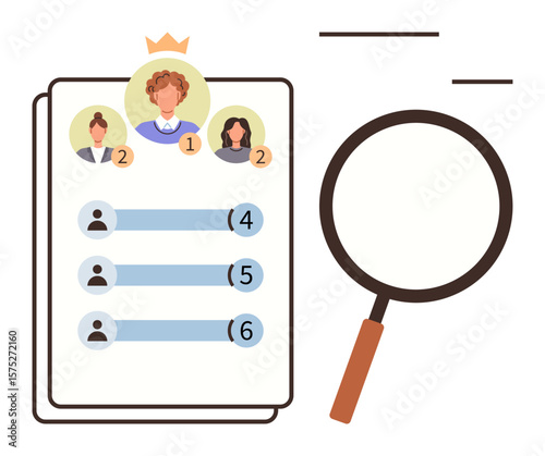Leaderboard showing ranked individuals with crown for top position, magnifying glass symbolizing analysis. Ideal for competition, performance review, recruitment, search, data prioritization