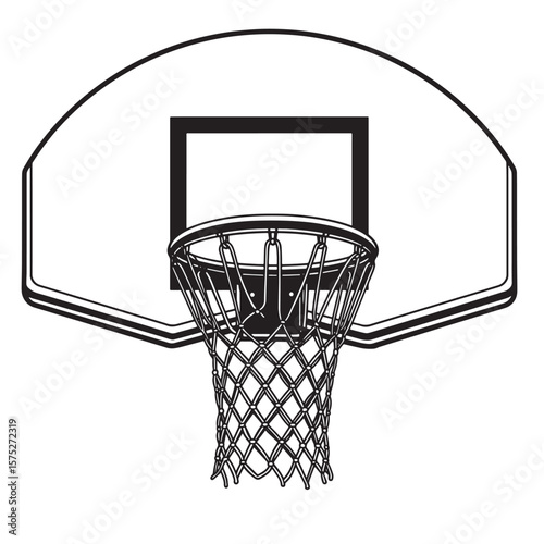 Simple black and white illustration of a basketball hoop with net for sports or games