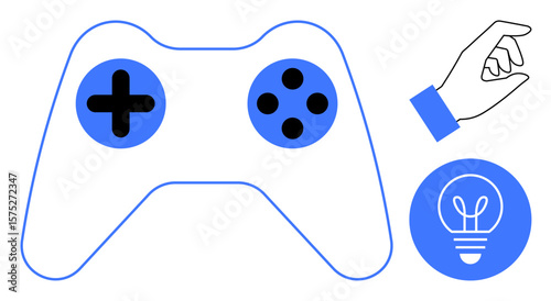 Gaming controller alongside hand gesture symbolizing choice and a lightbulb for creativity and ideas. Ideal for gaming, innovation, decision-making, problem-solving, education, creativity, simple