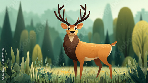 Cartoon deer standing in a grassy field with trees in the background in a forest setting