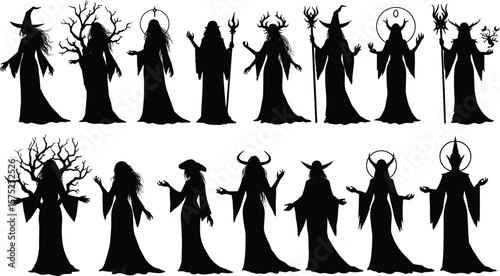 Witch silhouette collection, fantasy female figures, pagan priestess shapes, magic woman vector, Halloween dark art, occult mystical graphic set