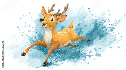 Cartoon deer running with happy expression on a watercolor background illustration art