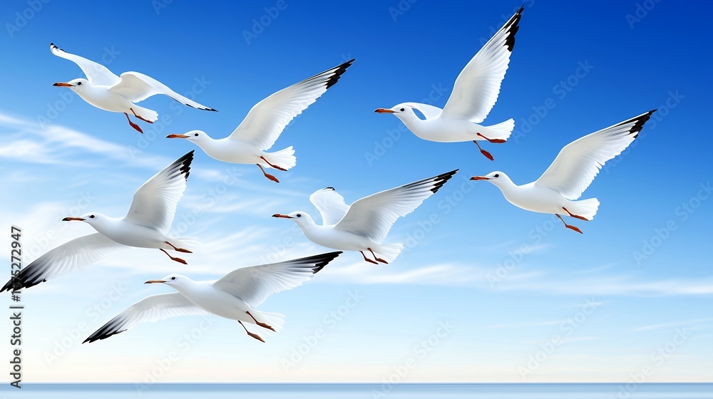 Obraz premium Flock of White Seagulls in Flight Over Blue Ocean Under Bright Sky