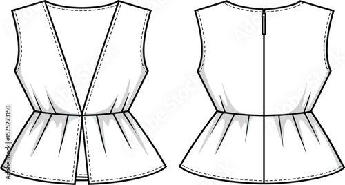 Sleeveless top fashion flat, deep V-neck design, waist pleated blouse illustration, technical garment drawing, sewing pattern vector