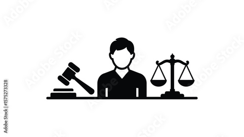 Judge with Gavel and Scales of Justice Black and White Icon