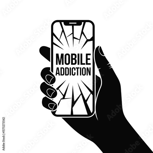 Hand holding broken smartphone with mobile addiction text in black