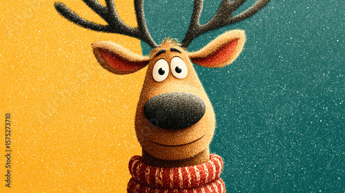 Close up of cartoon reindeer with red and white striped sweater against colored background