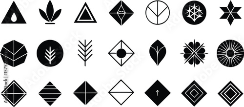 Vector art of a collection of diverse black geometric symbols and icons on a white background.