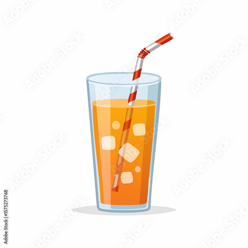Refreshing orange juice drink in a tall glass with ice cubes and a striped straw.