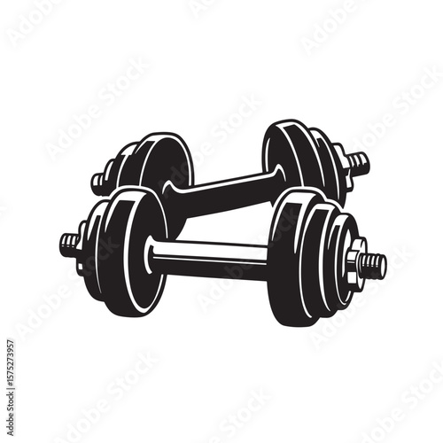 Vector illustration of two black and white dumbbells isolated on a white background for fitness and workout.