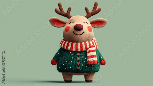 Cute reindeer plush toy wearing a green sweater and a red and white striped scarf standing