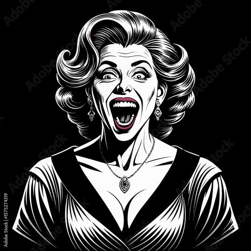 Retro woman with dramatic expression and vintage hairstyle on black background