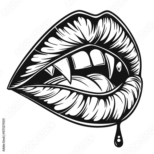 Stylized vampire mouth with fangs and dropping blood