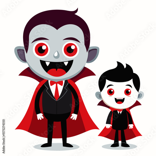 Two cute cartoon vampires one adult and one child wearing capes and suits