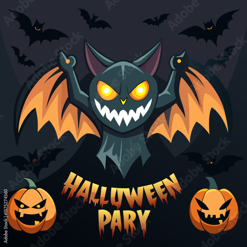 Spooky halloween haunted house with black cat pumpkins bats and full moon