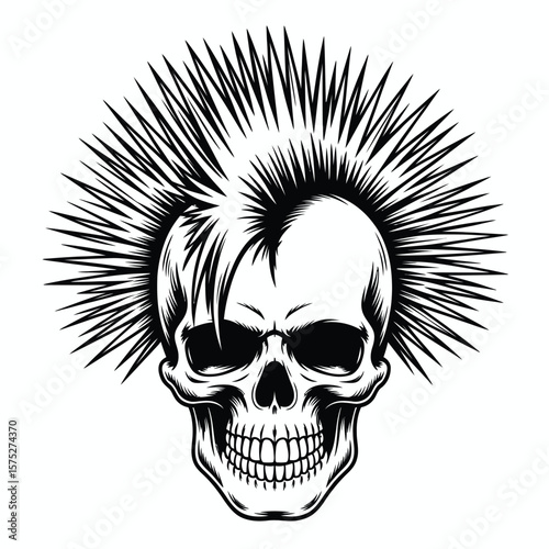 Monochrome skull with a mohawk hairstyle vector illustration design