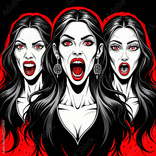 Three terrifying vampire women with red eyes and open mouths screaming in unison