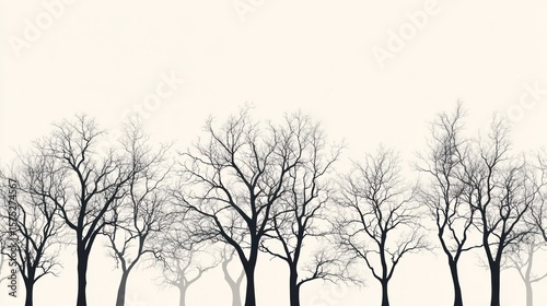 Silhouetted leafless trees stand against a neutral background, creating a minimalist design