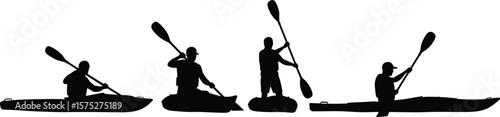 Kayaking silhouette collection, man paddling canoe, kayak sport vector, adventure illustration, black outdoor paddler pose, river water sport