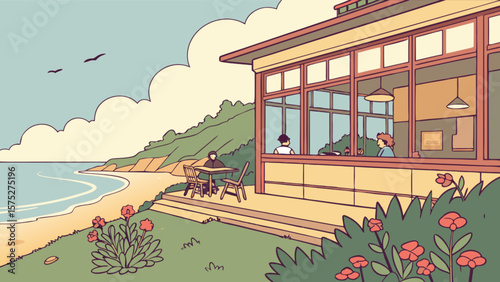 Coastal home beach view illustration with people relaxing and flowers art