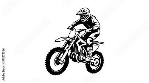 Dynamic motocross rider in action, black and white illustration.