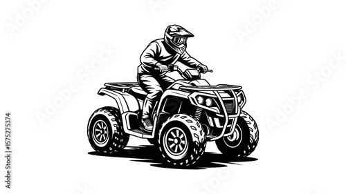 A black and white illustration of a person driving an ATV.