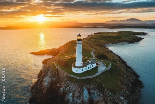 Low aerial view of Holyhead Admiralty pier lighthouse at sunset over calm waters, Holyhead Admiralty pier lighthouse low aerial view circling Salt island waterfront at sunrise