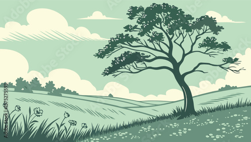 Landscape vector illustration with tree field and sky scenic background