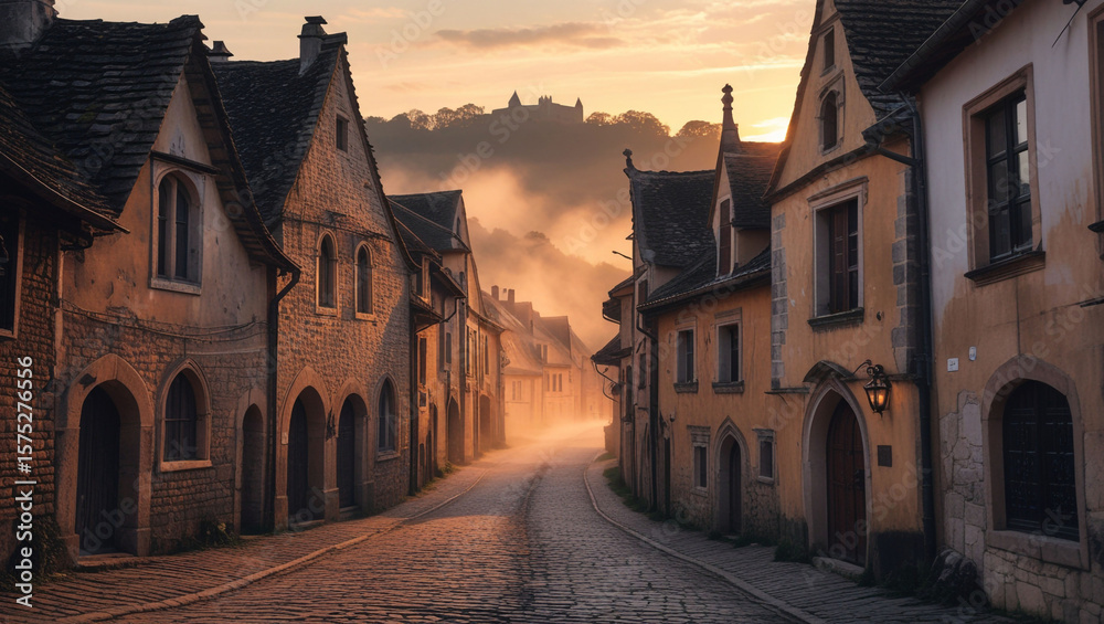 Naklejka premium European architecture old town street cobblestone road historic buildings travel destination tourism scenery