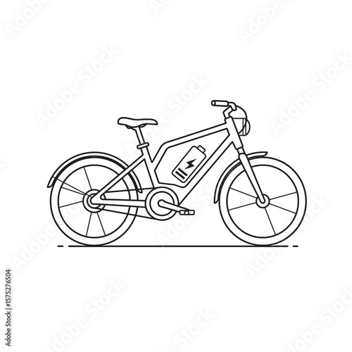 Line art of an electric bicycle with a visible battery icon on the frame, featuring standard bike parts like wheels, seat, pedals, and handlebars.