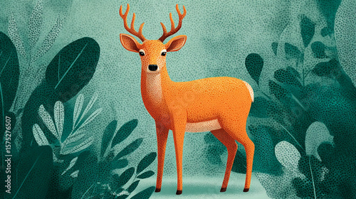 Orange deer standing in a forest with green and white foliage illustration art style