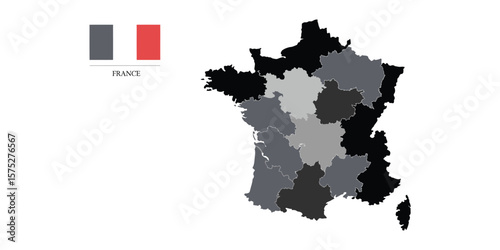 France Regions Map Silhouette in Grayscale with National Flag on White Backdrop