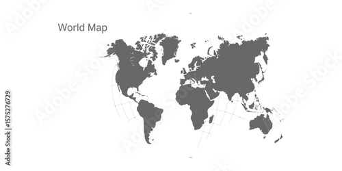 Grey Continents World Map with Thin Longitude and Latitude Lines on White