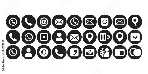 Modern Round Contact Icon Set with Phone, Email, Location, and Social Media Symbols
