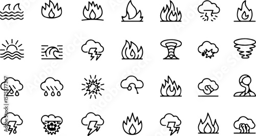 Collection of simple black line art icons representing natural disasters and weather phenomena including fire water lightning storms tornadoes and sun