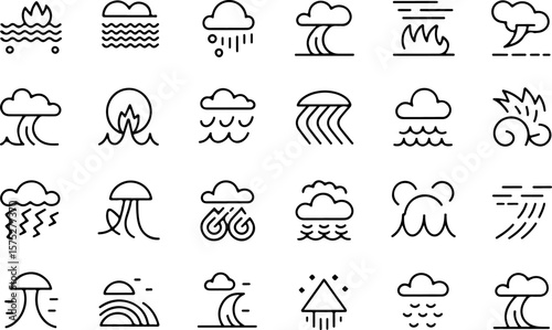 Collection of thin line icons representing various natural phenomena including weather elements and abstract symbols on a white background