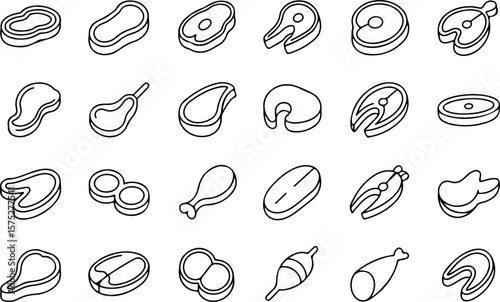 Collection of stylized isometric line art icons representing various raw meat cuts and fish steaks on a white background for culinary use