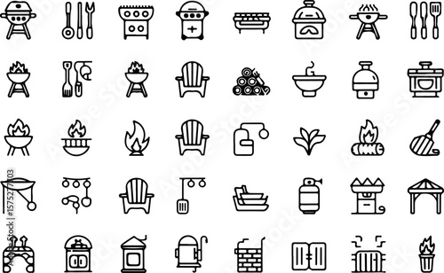 Collection of black outline icons representing barbecue grills cooking utensils outdoor furniture and fire elements for summer activities