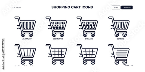 Set of Eight Shopping Cart Line Icons with Different Styles on Transparent Background