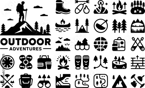 Collection of black silhouette icons representing outdoor adventures including hiking camping canoeing and mountain climbing with text outdoor adventures