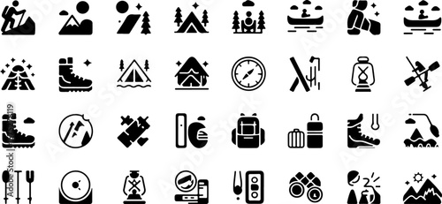 Collection of black silhouette icons representing outdoor adventure and camping activities including hiking camping canoeing and essential gear for exploration