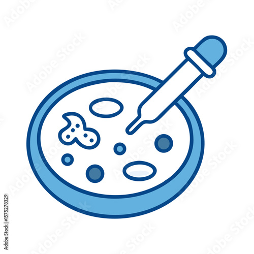 Petri dish with sample and pipette in minimalist blue style  