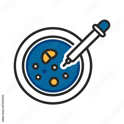 Petri dish with colored samples and dropper in laboratory setting  