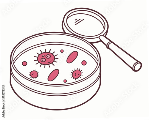Petri dish with microbial samples and magnifying glass illustration  