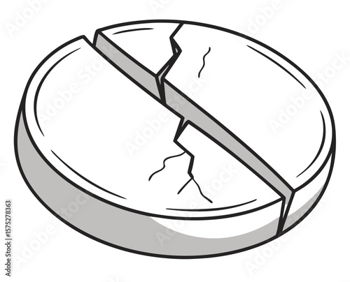 Round broken pill with visible cracks in simple illustration style  
